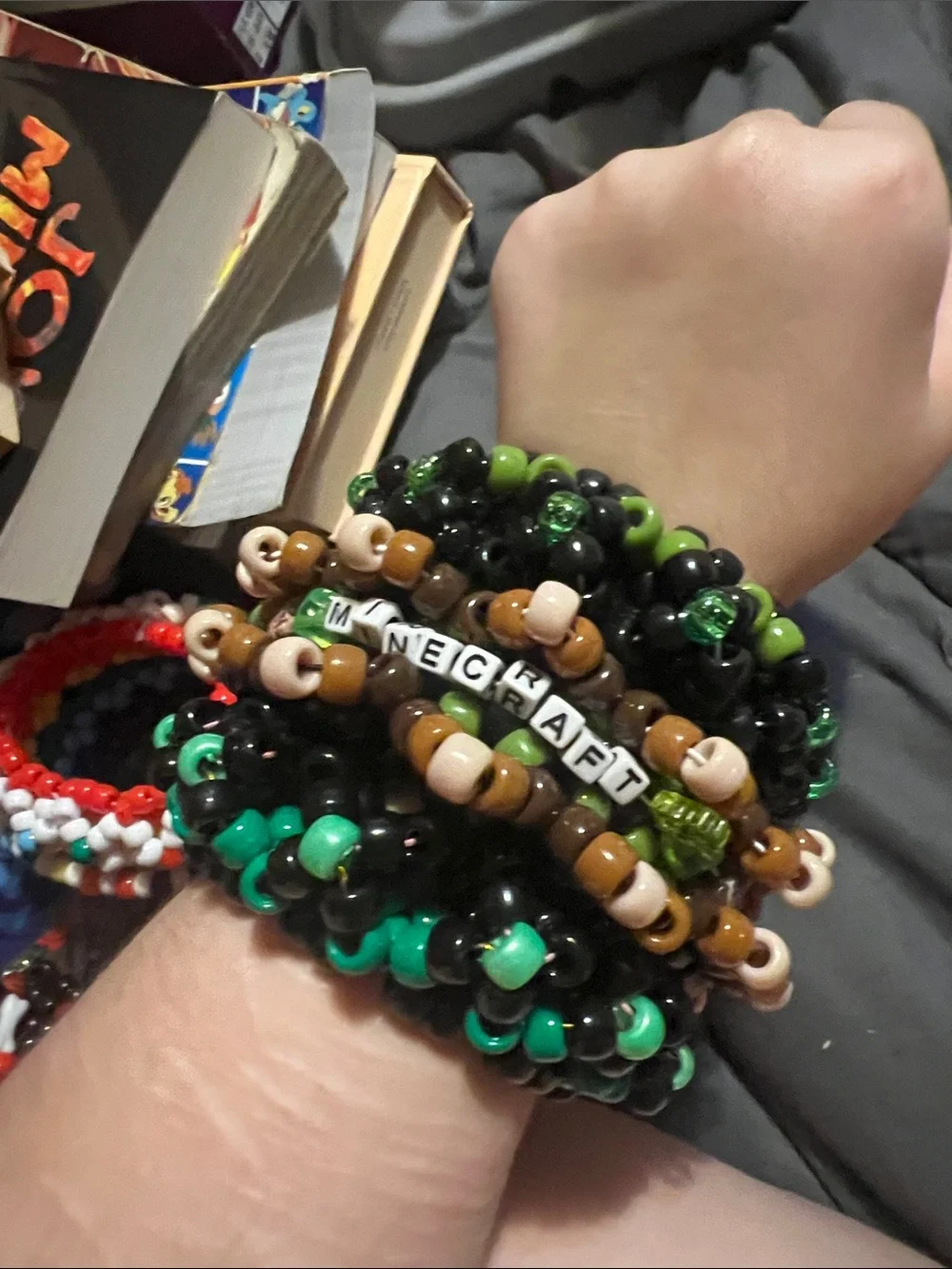 Handmade Beaded Bracelet Stack - Green, Black, Brown